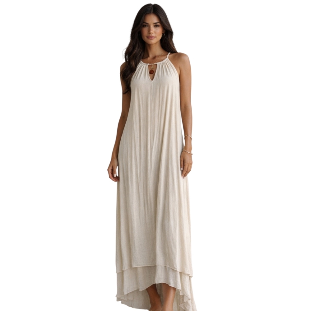 Mlle Gabrielle Cream One-Shoulder Layered Maxi Dress